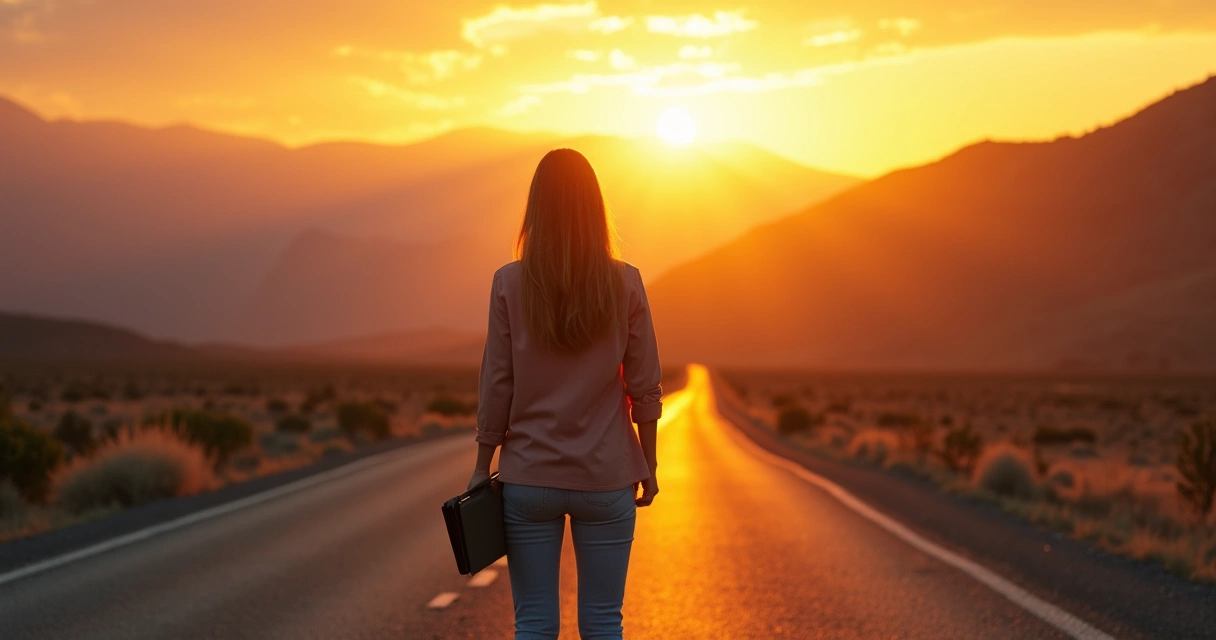 Mulher olhando para horizonte em uma estrada deserta, representando mudança de carreira 