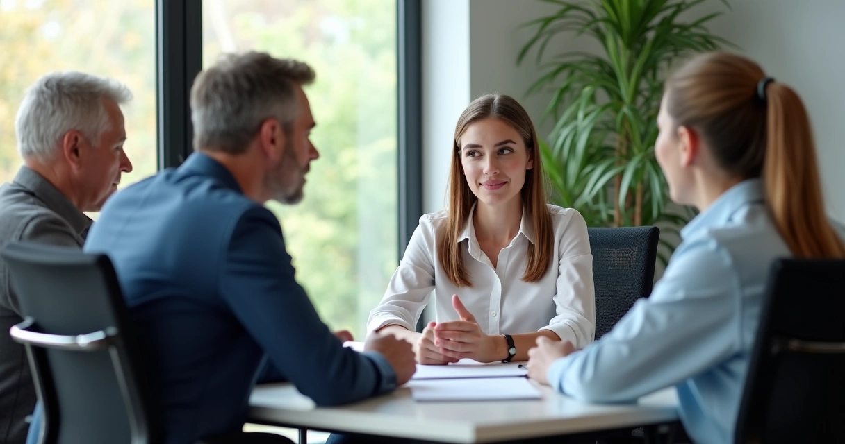 Pessoas de idades diferentes conversando em ambiente de escritório 