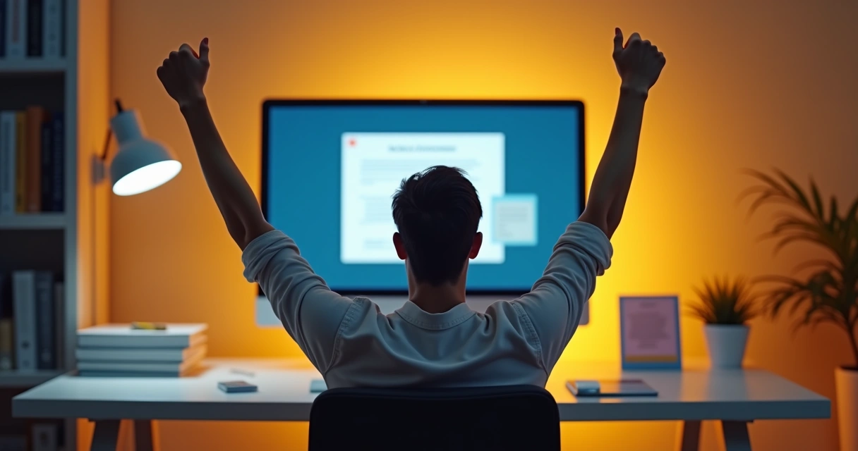 Pessoa comemorando frente ao computador com certificado digital na tela 