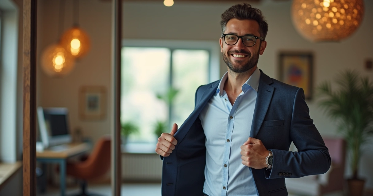 Homem sorrindo, trocando o terno por roupa casual em frente ao espelho 