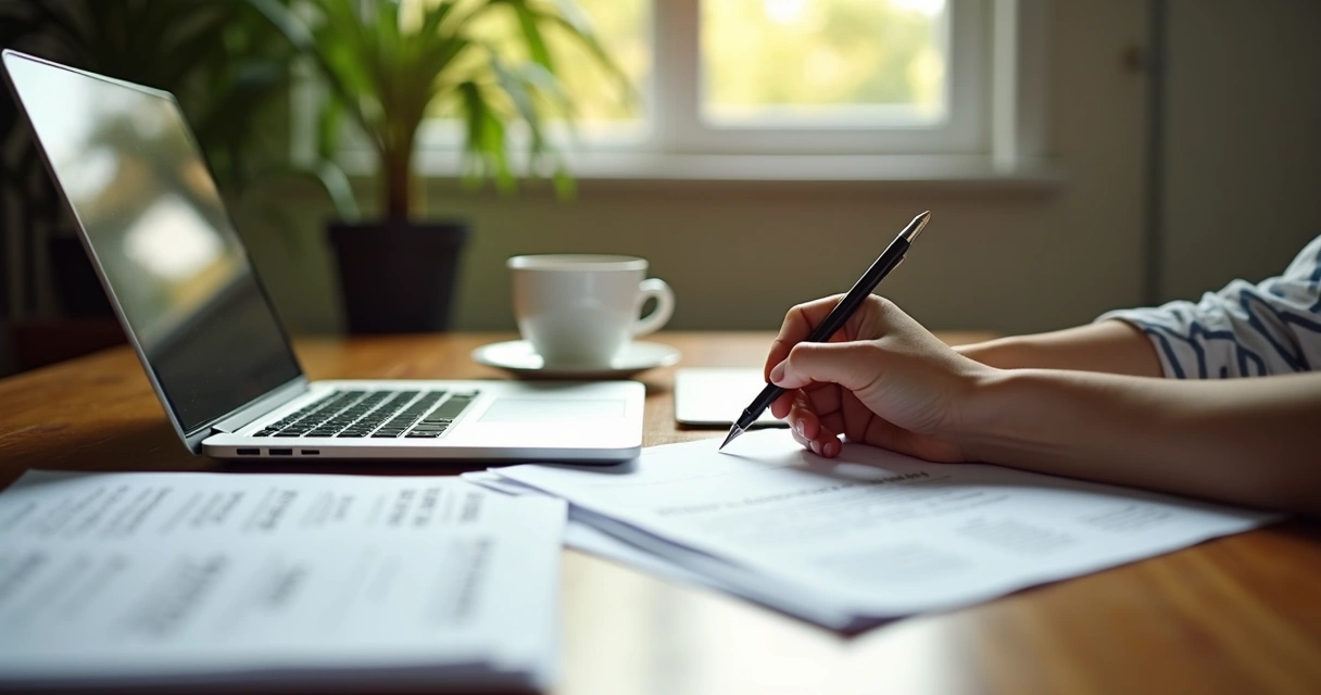 Pessoa refletindo sobre carreira em uma mesa com documentos e café
