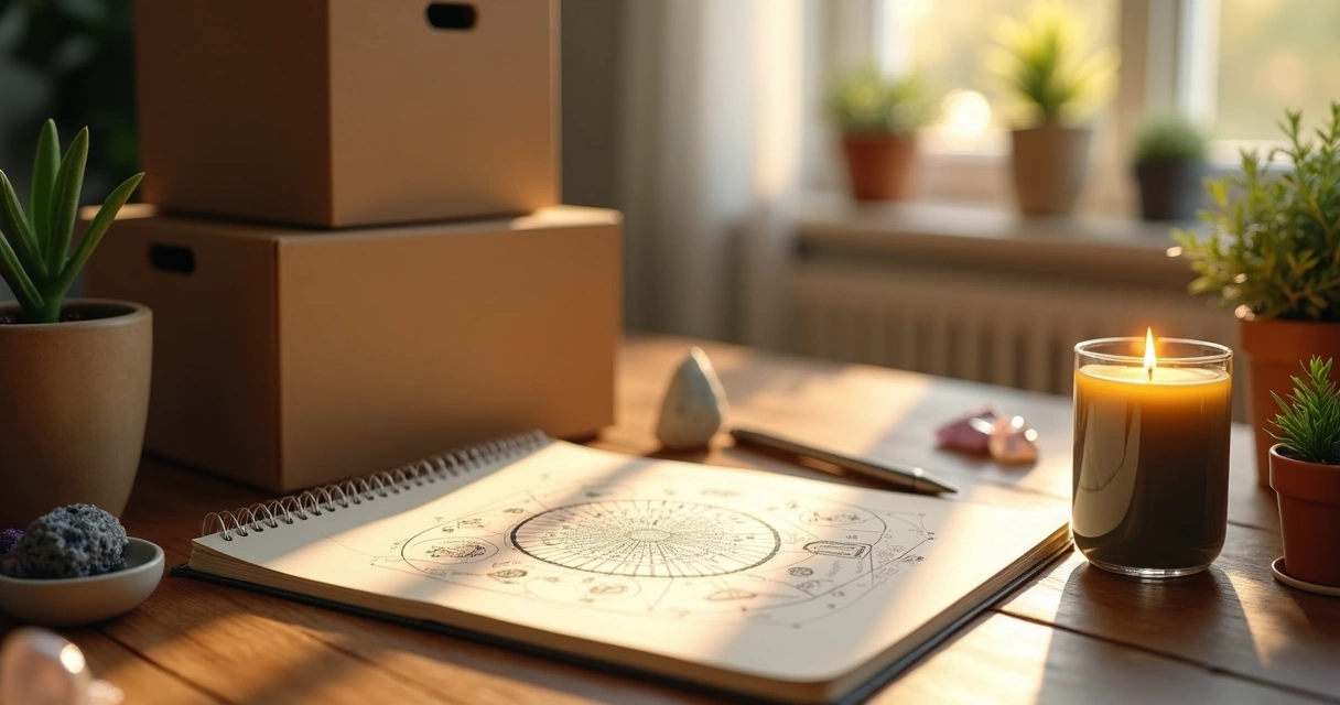 Caixas de mudança e mapa astral sobre uma mesa de madeira 