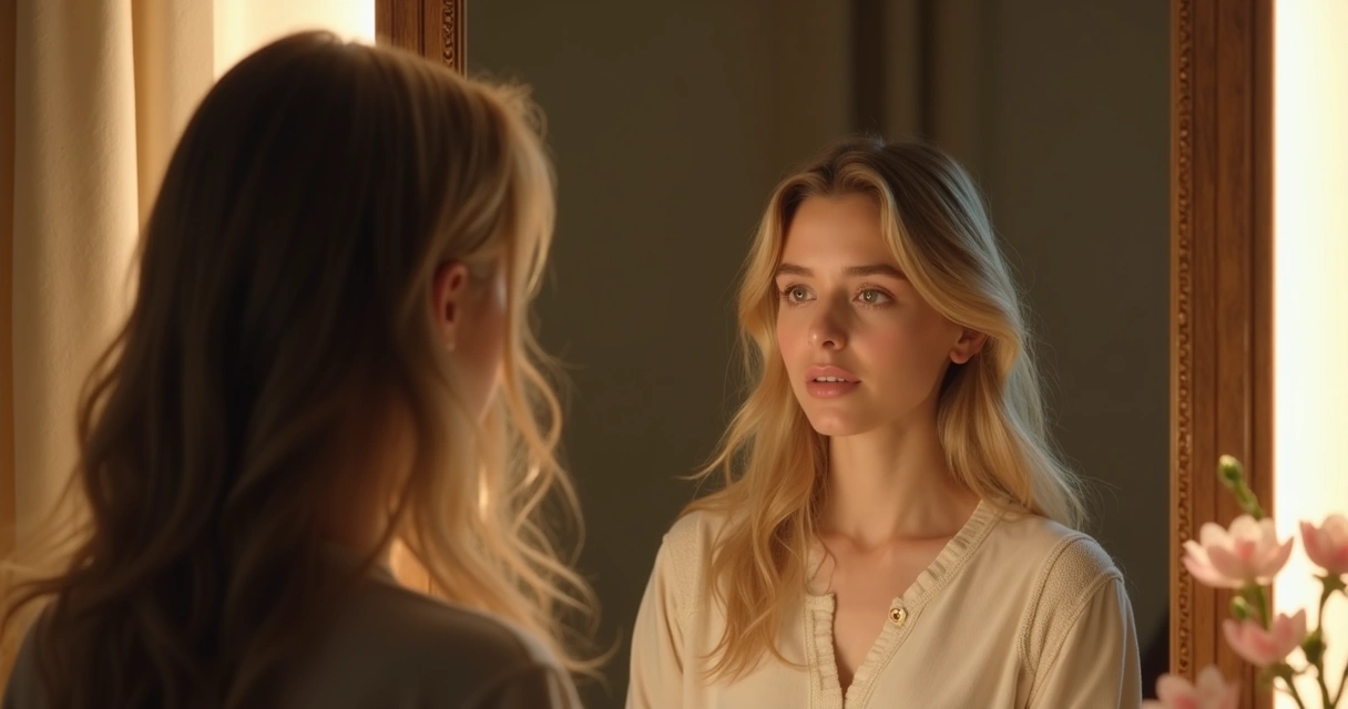 Pessoa olhando para um espelho e vendo um reflexo diferente, representando transformação interna. 