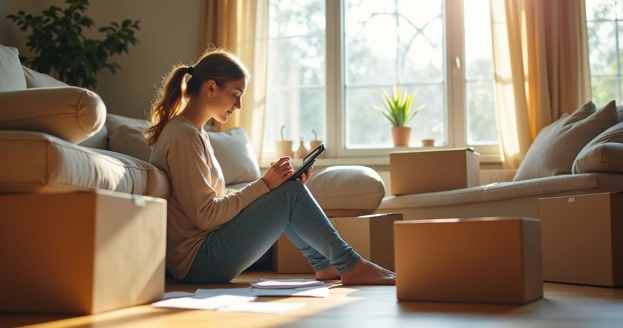 Pessoa com caixas de mudança e uma calculadora ao lado 