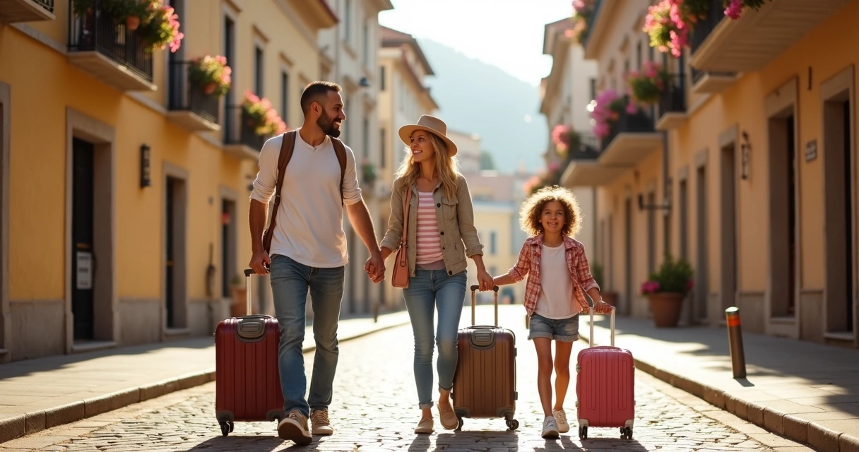 Família caminhando em cidade estrangeira 