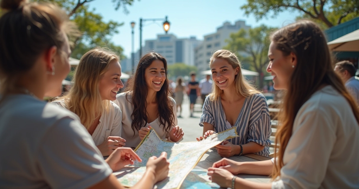 Grupo de pessoas sorrindo em praça conversando com mala ao lado