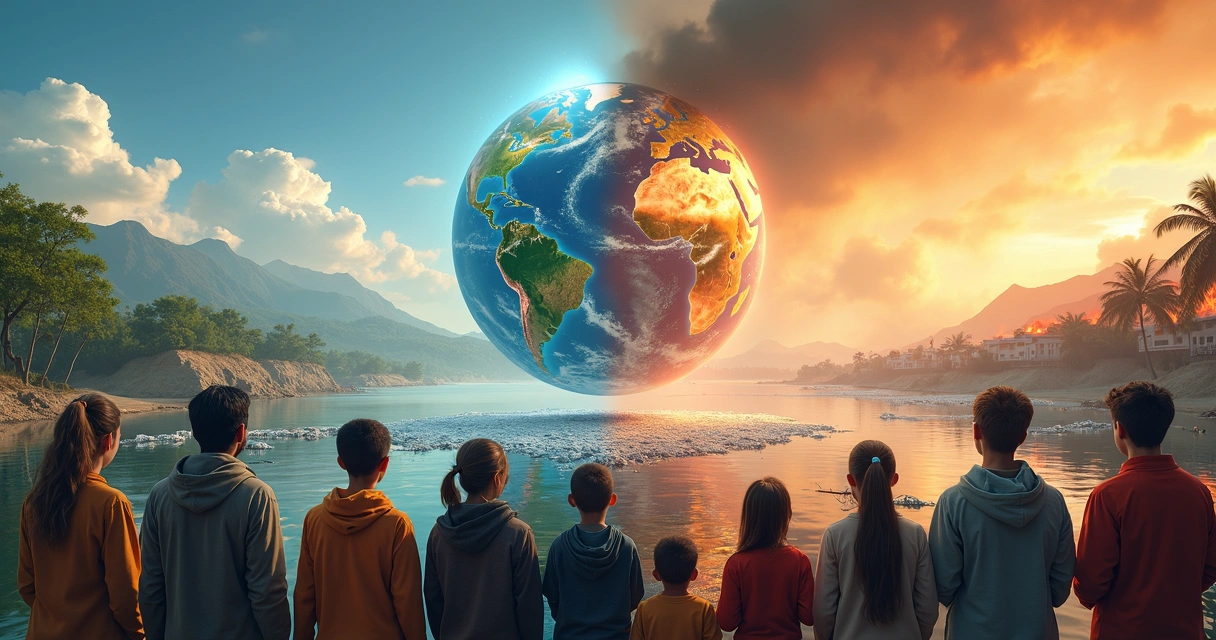 Rostos de pessoas de diferentes culturas refletindo diante de um planeta dividido entre natureza saudável e crise climática 