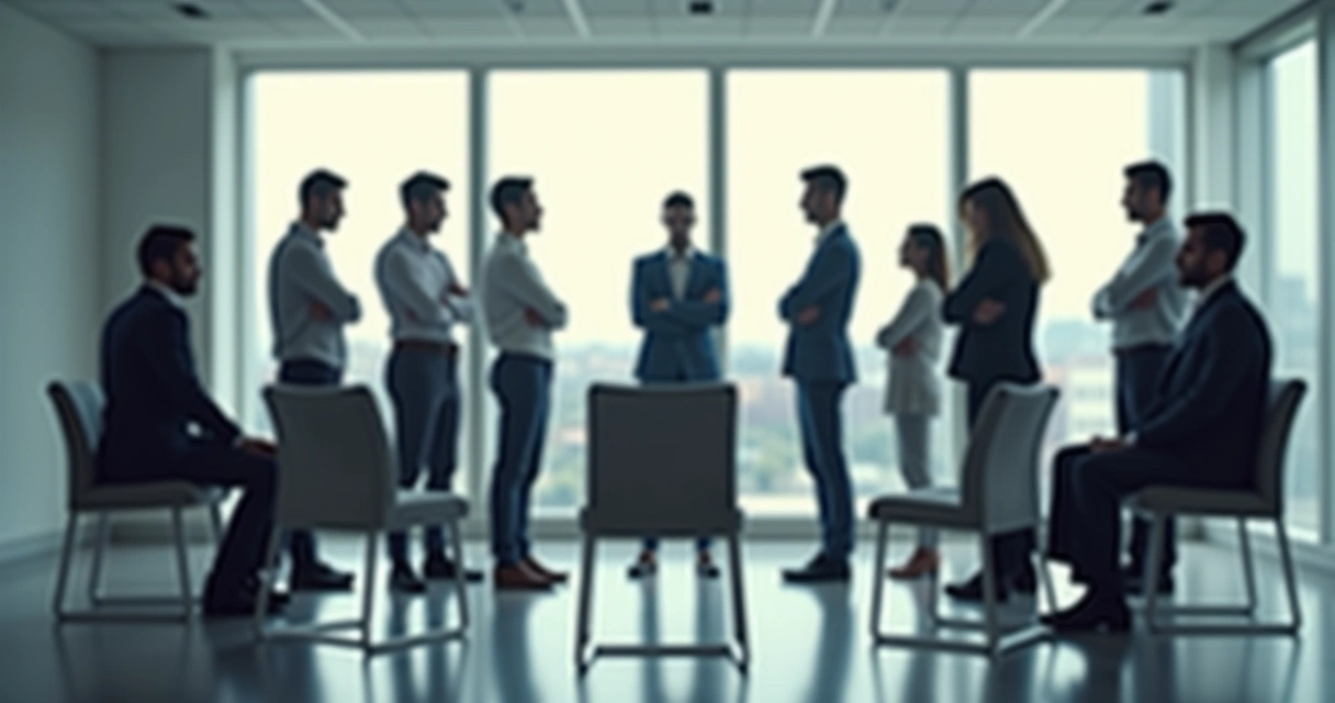 Grupo de pessoas em círculo, cada um olhando em direção oposta, clima tenso, luz suave 