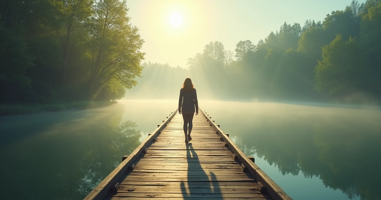 Pessoa caminhando por ponte de madeira em direção à luz de uma manhã clara 