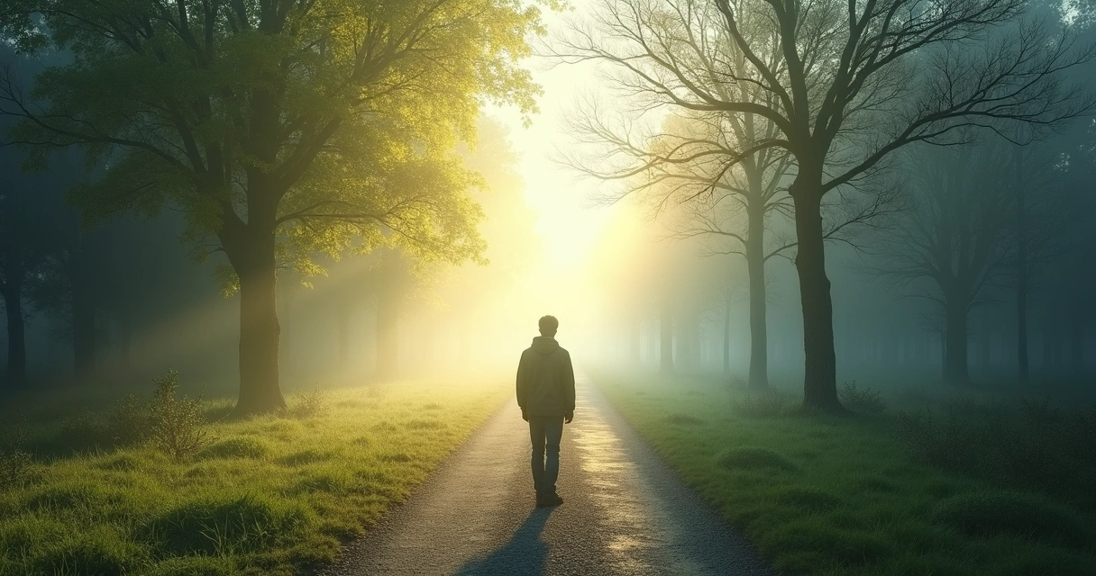 Pessoa caminhando por uma trilha dividida, simbolizando escolhas e padrões 