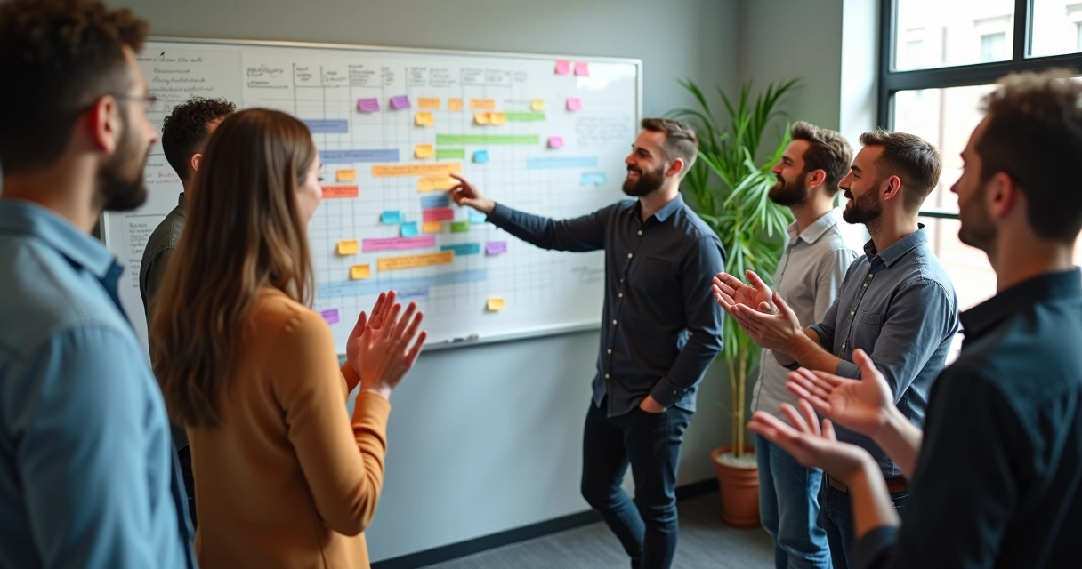 Equipe reunida em círculo comemorando pequeno avanço em processo de mudança 