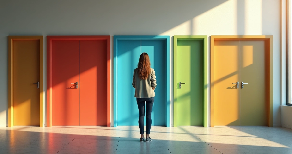 Pessoa diante de várias portas simbolizando opções comportamentais 