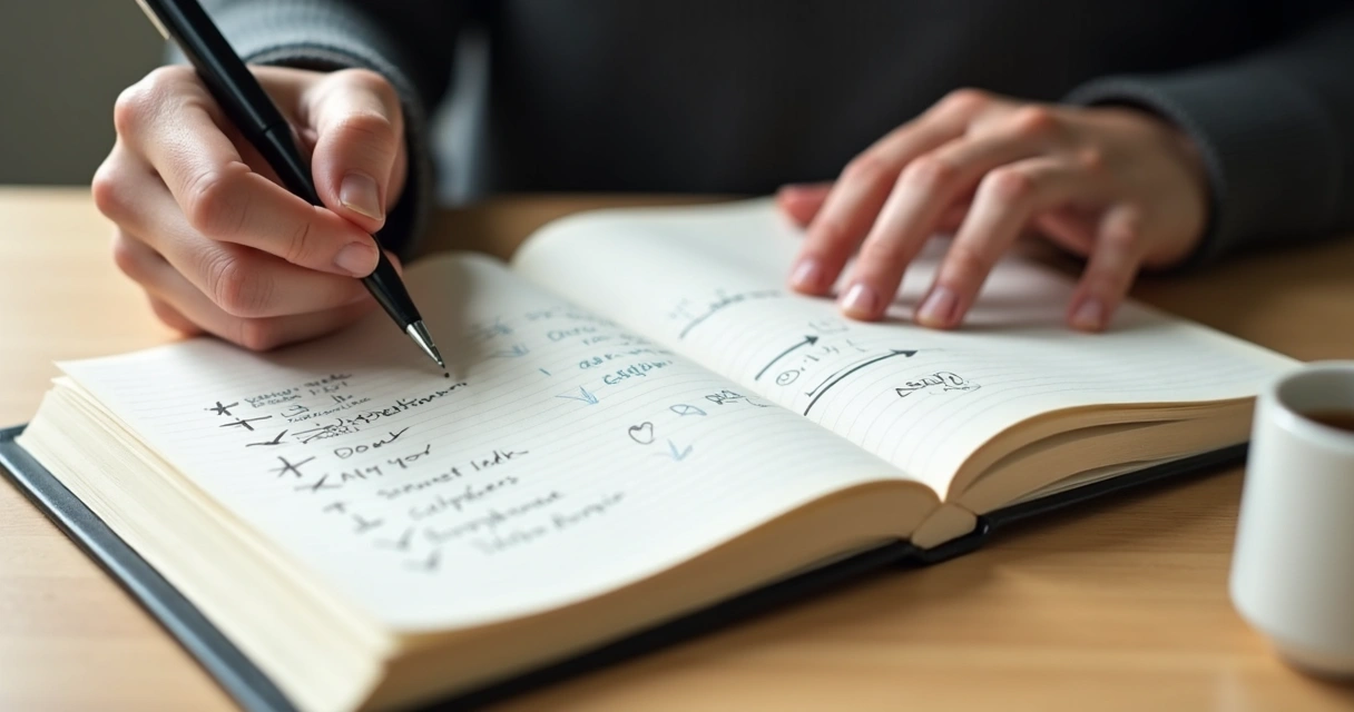 Pessoa escrevendo metas e reflexões em um caderno 