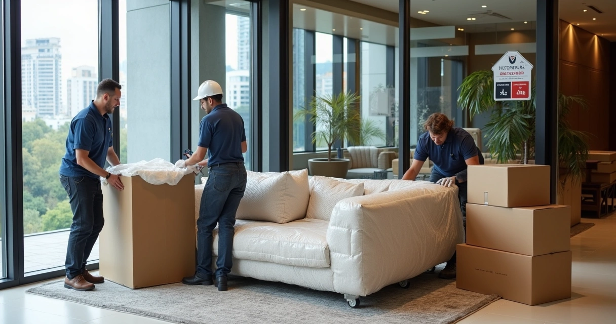 Equipe embalando móveis em condomínio na Zona Sul de São Paulo 