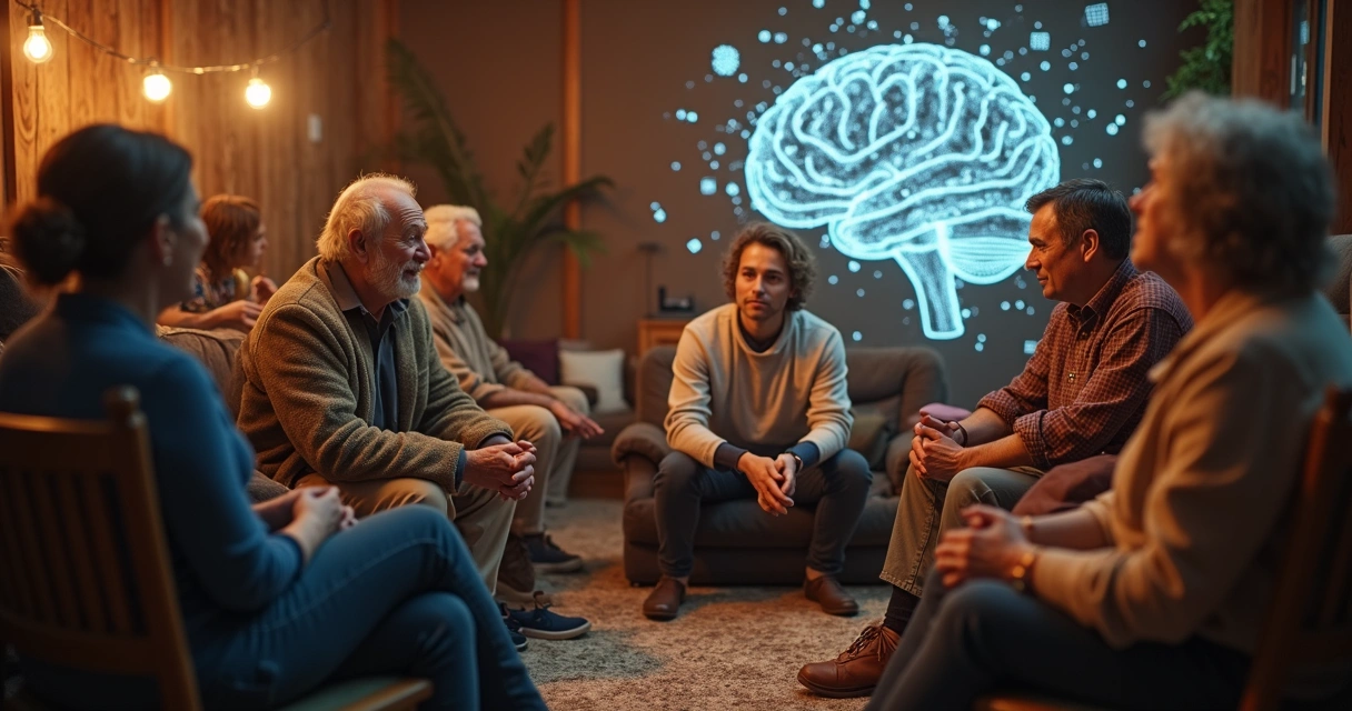 Grupo de pessoas discutindo em roda, imagens de cérebro e cultura ao fundo 