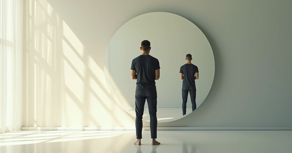Homem olhando para o seu próprio reflexo em um espelho, simbolizando a auto-reflexão e a consciência interna.