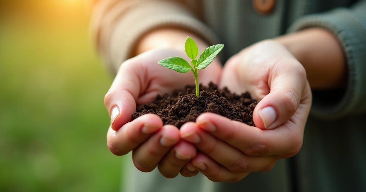 Mãos segurando um pequeno broto verde com fundo desfocado claro
