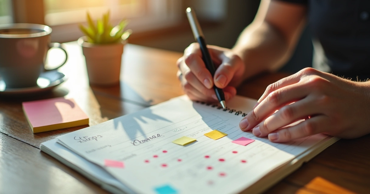 Pessoa escrevendo em diário junto a objetos de autodesenvolvimento