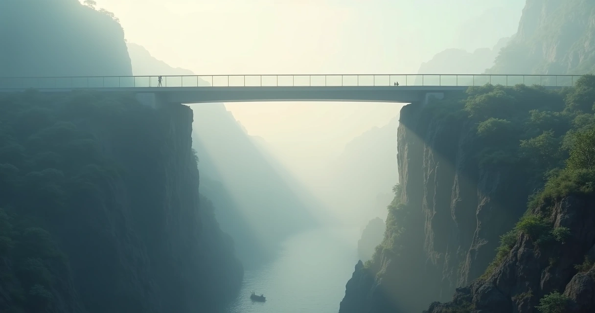 Ponte clara conectando regiões opostas com neblina suave embaixo 