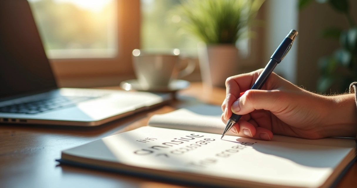 Pessoa escrevendo afirmativas positivas em um caderno na mesa de trabalho 