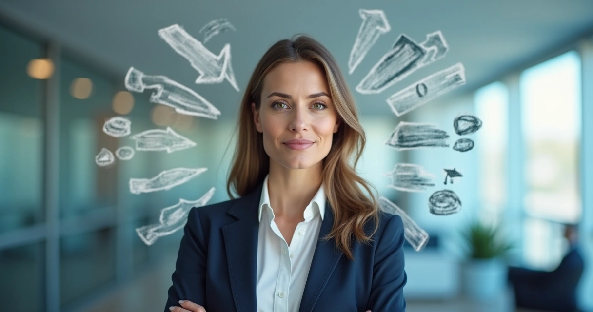 Pessoa olhando à frente, símbolos de carreira e mudanças no fundo 