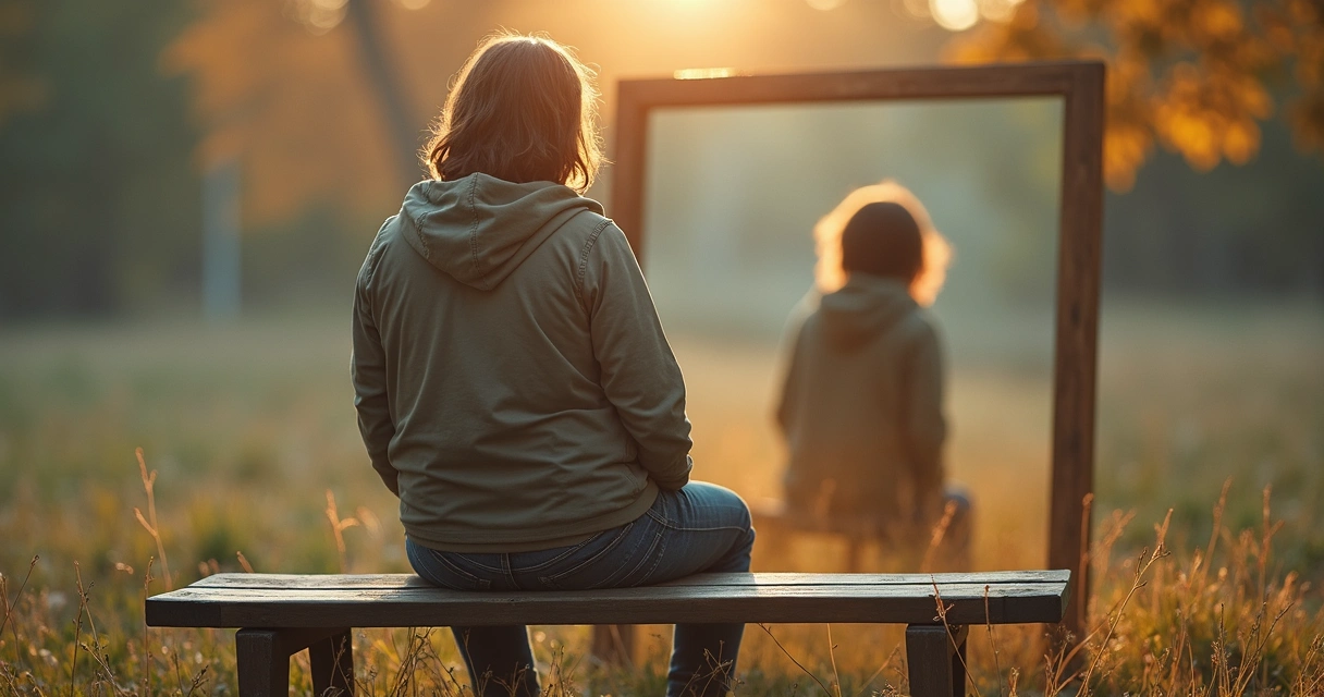 Pessoa sentada refletindo em frente a um espelho com imagem da infância