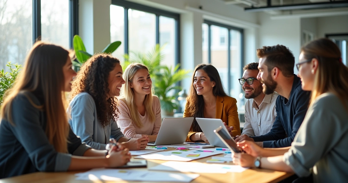 Equipe diversa se reunindo e colaborando em ambiente de empresa moderno 