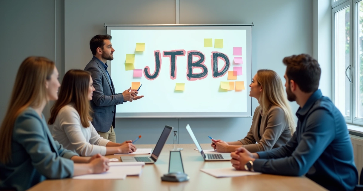 Reunião de equipe discutindo mudanças de cultura empresarial com metodologia JTBD