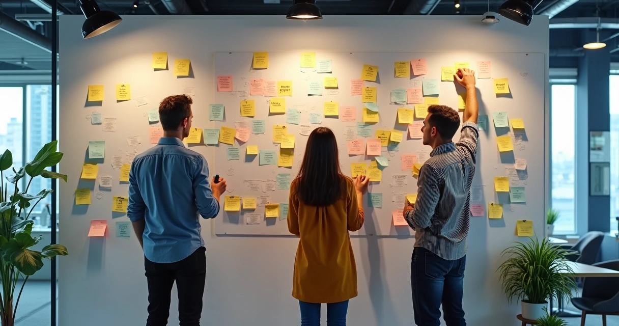 Grupo de profissionais em escritório alterando mural com valores da cultura empresarial 