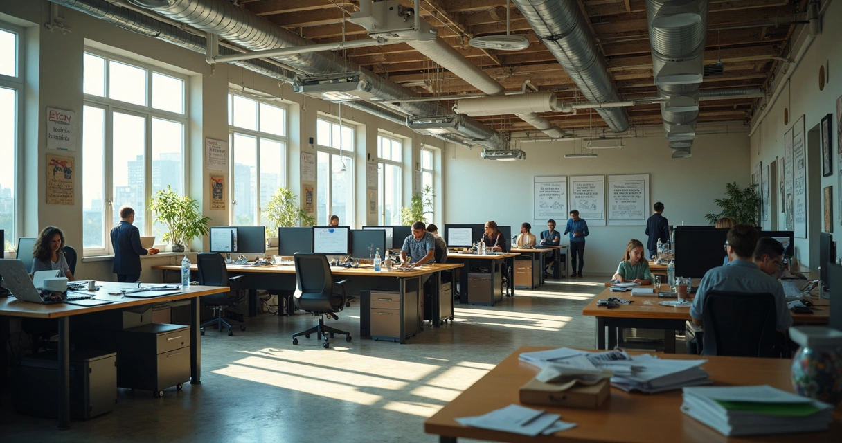 Sala de escritório sendo reorganizada de forma colaborativa. 