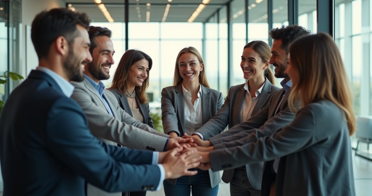 Equipe reunida em círculo com mãos juntas, ambiente empresarial confiante. 