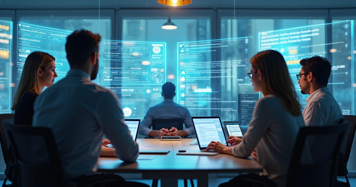 Equipe diversificada interagindo com agentes de IA em ambiente empresarial moderno 
