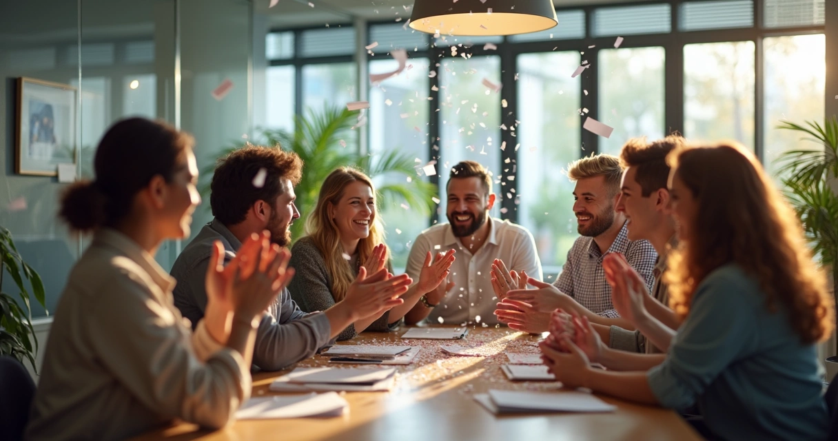 Equipe celebrando pequena conquista em escritório