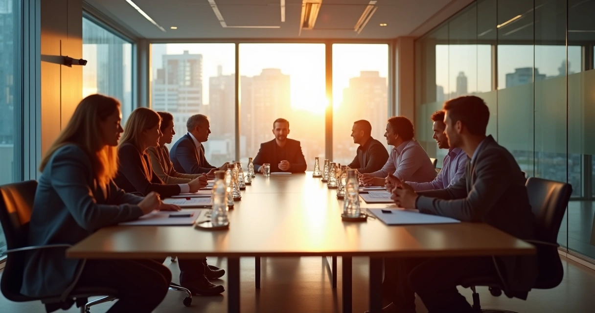 Time empresarial reunido ao redor de uma mesa, trocando ideias em clima aberto, demonstrando reflexão e participação 