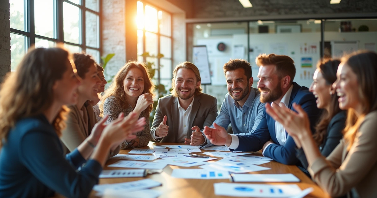 Colaboradores felizes em escritório simbolizando mudança cultural positiva 