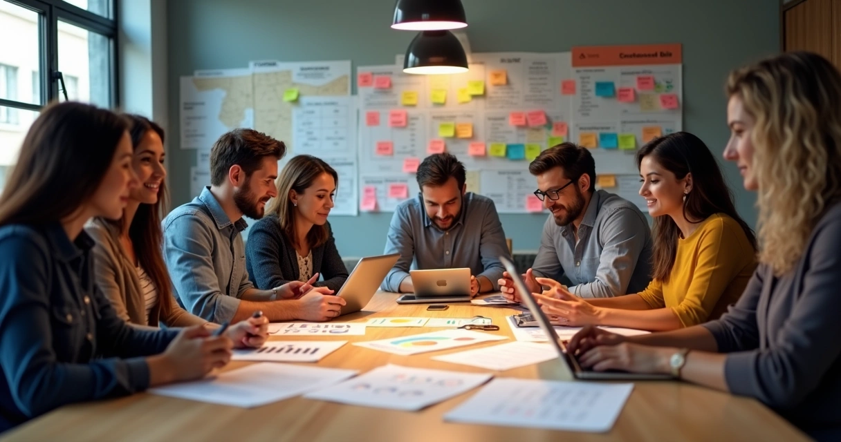 Grupo de funcionários reunidos em sala moderna, discutindo novos valores organizacionais 