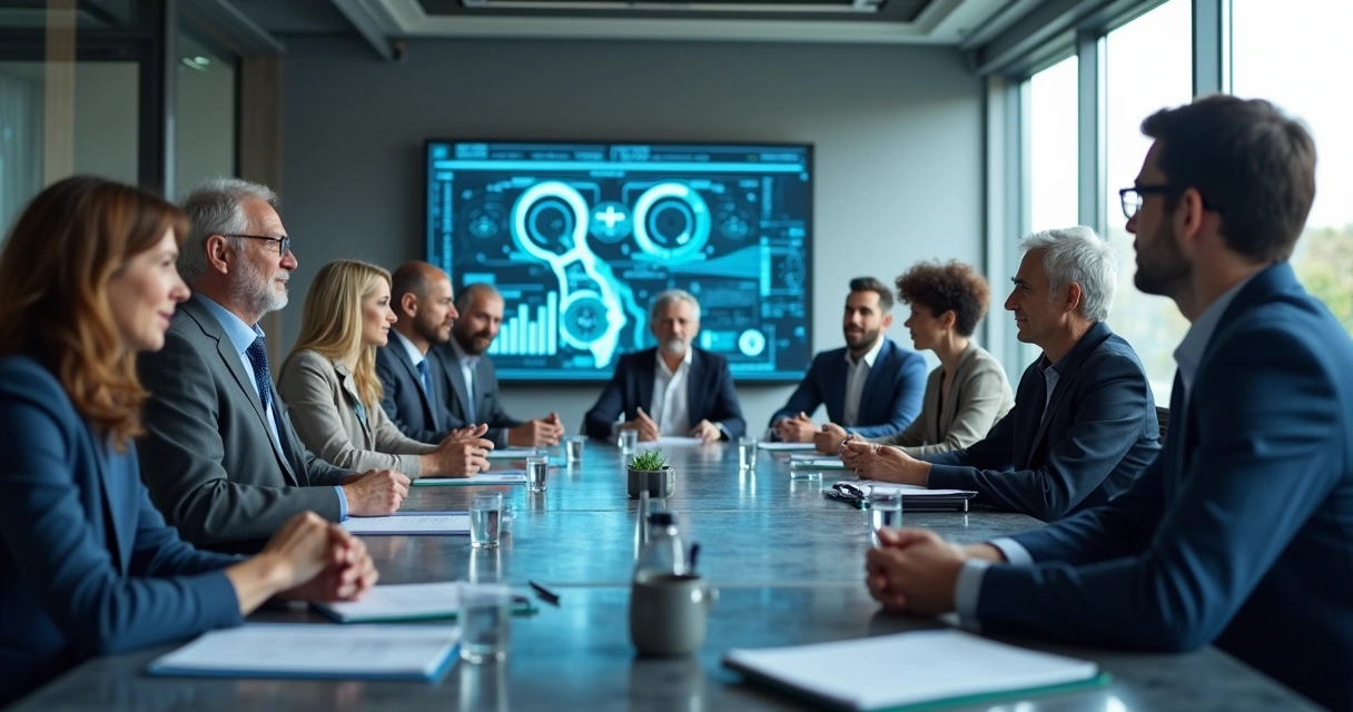 Equipe de diferentes idades reunida em sala de reunião com telas digitais 