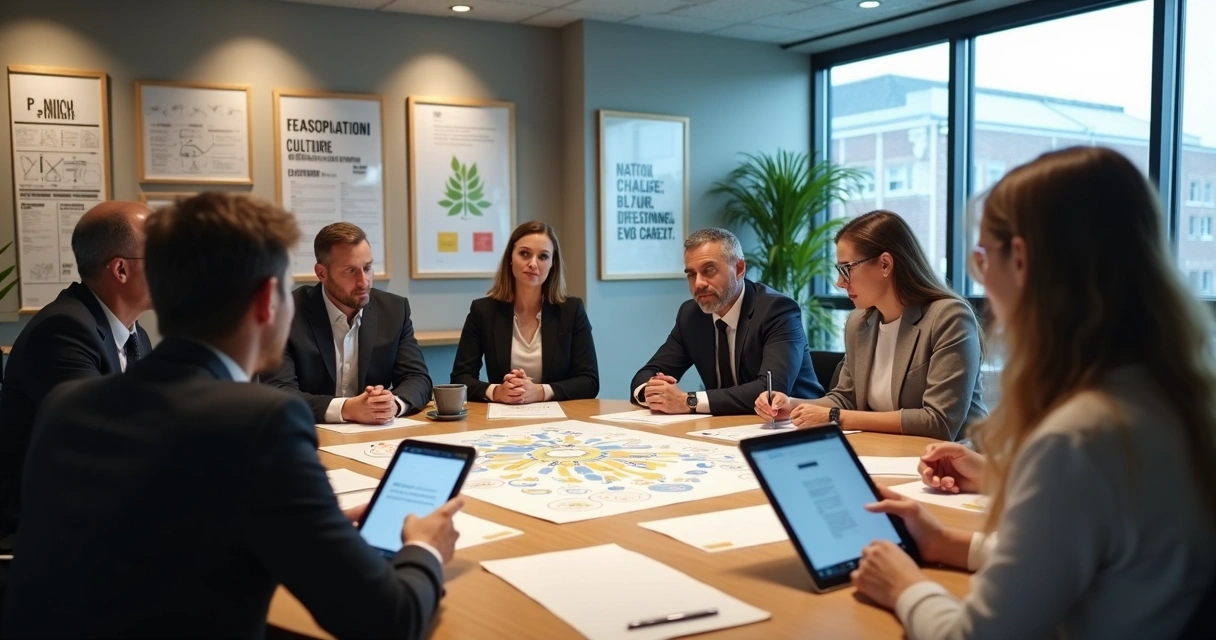 Equipe reunida debatendo mudanças culturais 