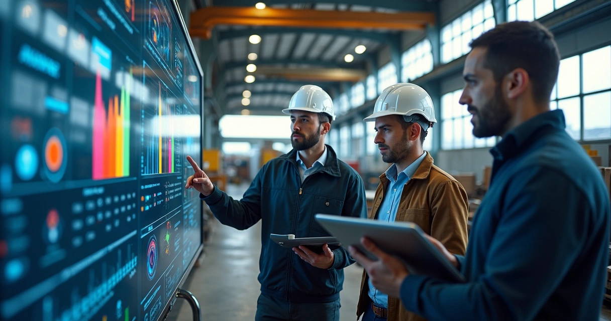 Equipe industrial reunida interagindo com painéis digitais e gráficos 