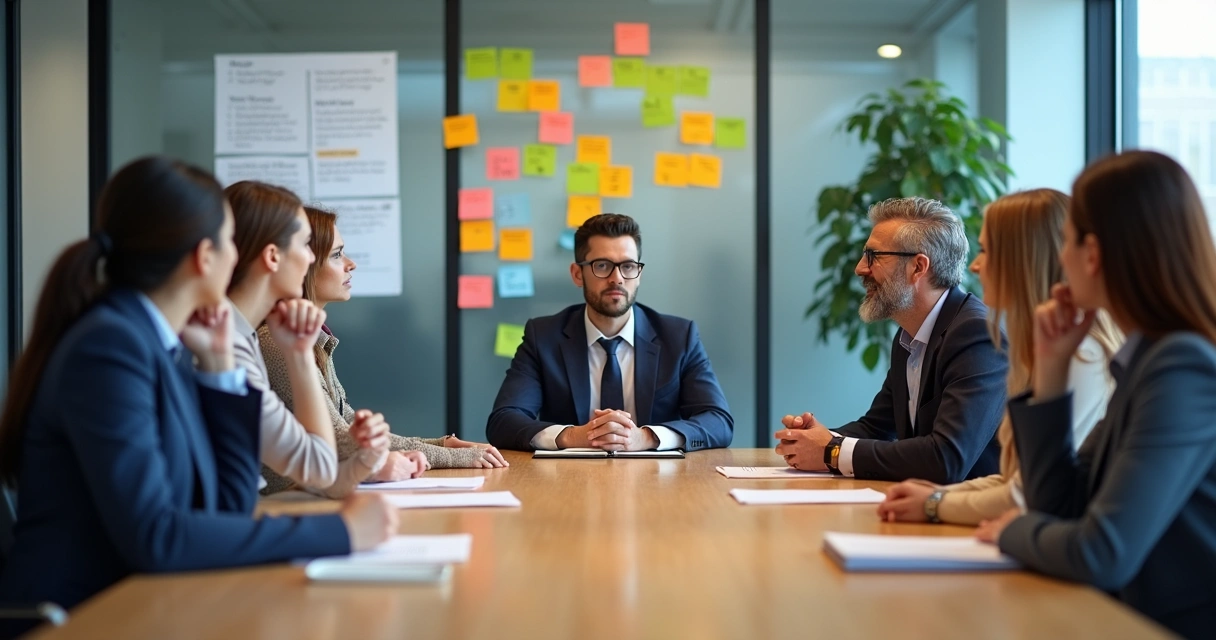 Equipe reunida em reunião discutindo mudanças culturais 