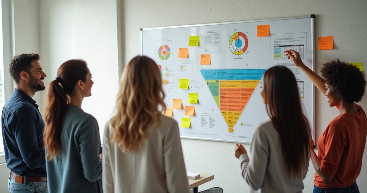 Equipe sorrindo em frente a um quadro branco com gráficos e post-its