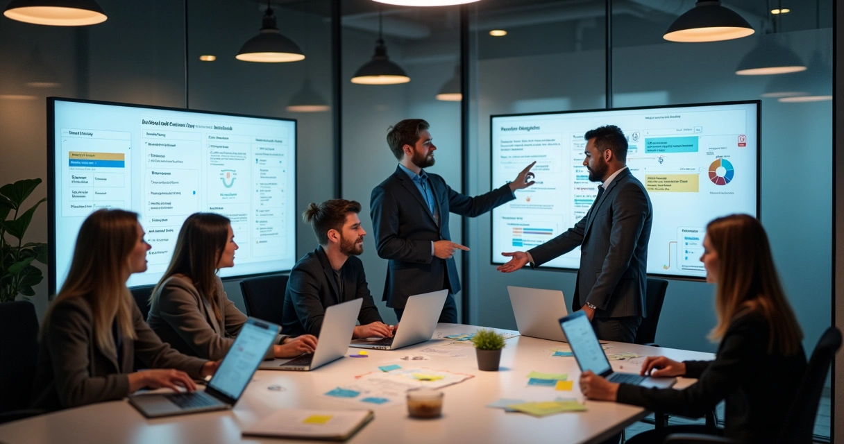 Equipe de TI reunida ajustando fluxos de trabalho automatizados 