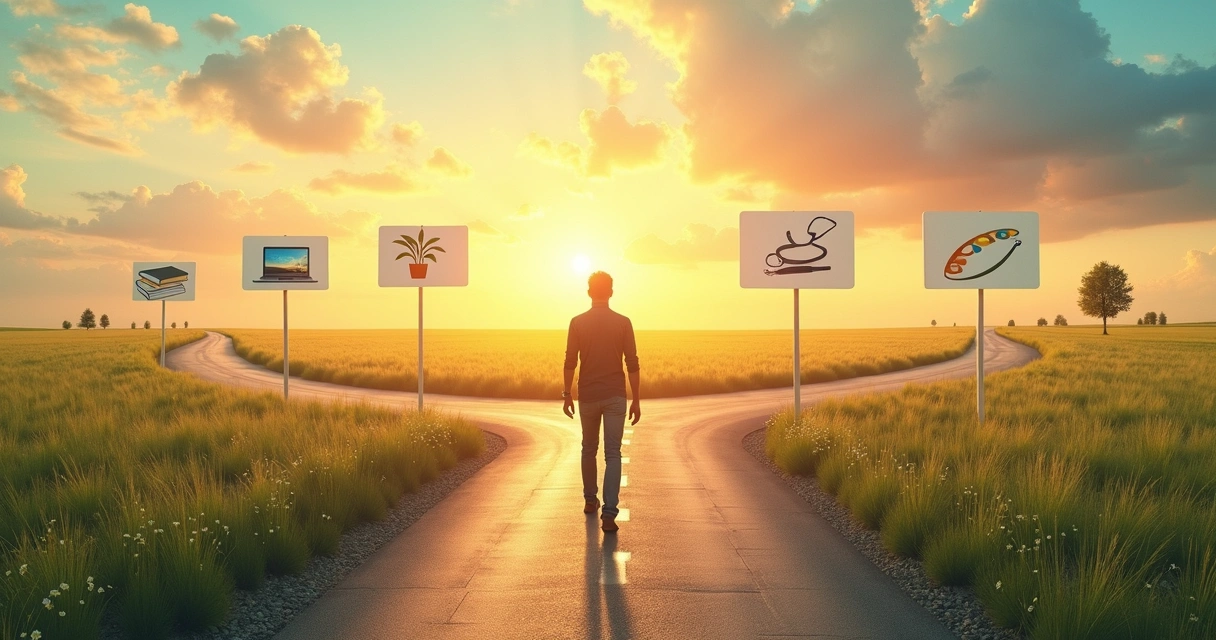 Pessoa caminhando por uma estrada dividida em várias direções, com elementos visuais de diferentes profissões ao redor. 