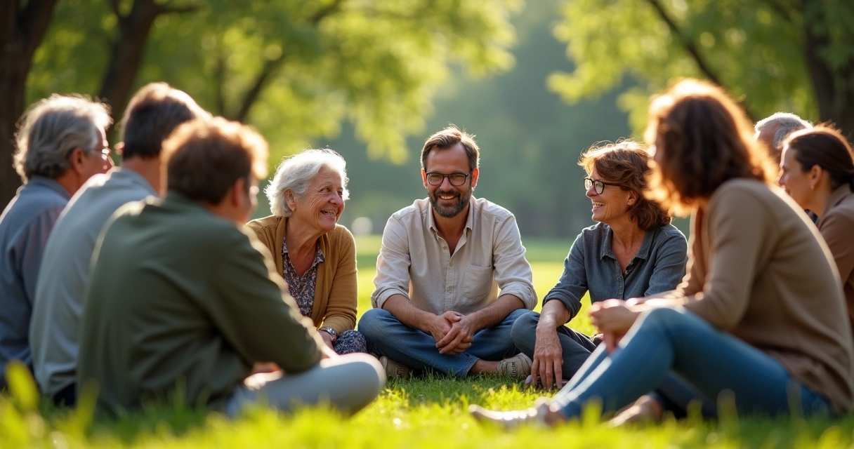 Grupo de diferentes pessoas em círculo, trocando ideias em ambiente tranquilo e natural 