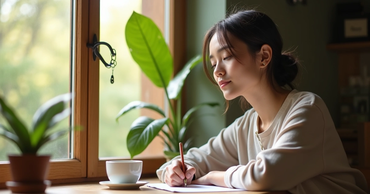 Pessoa escrevendo novas ideias em um caderno, ao lado de uma janela com luz natural 