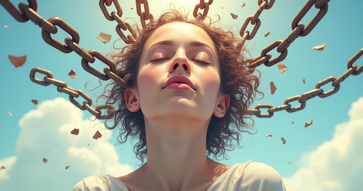 Pessoa soltando correntes mentais, simbolizando libertação. 