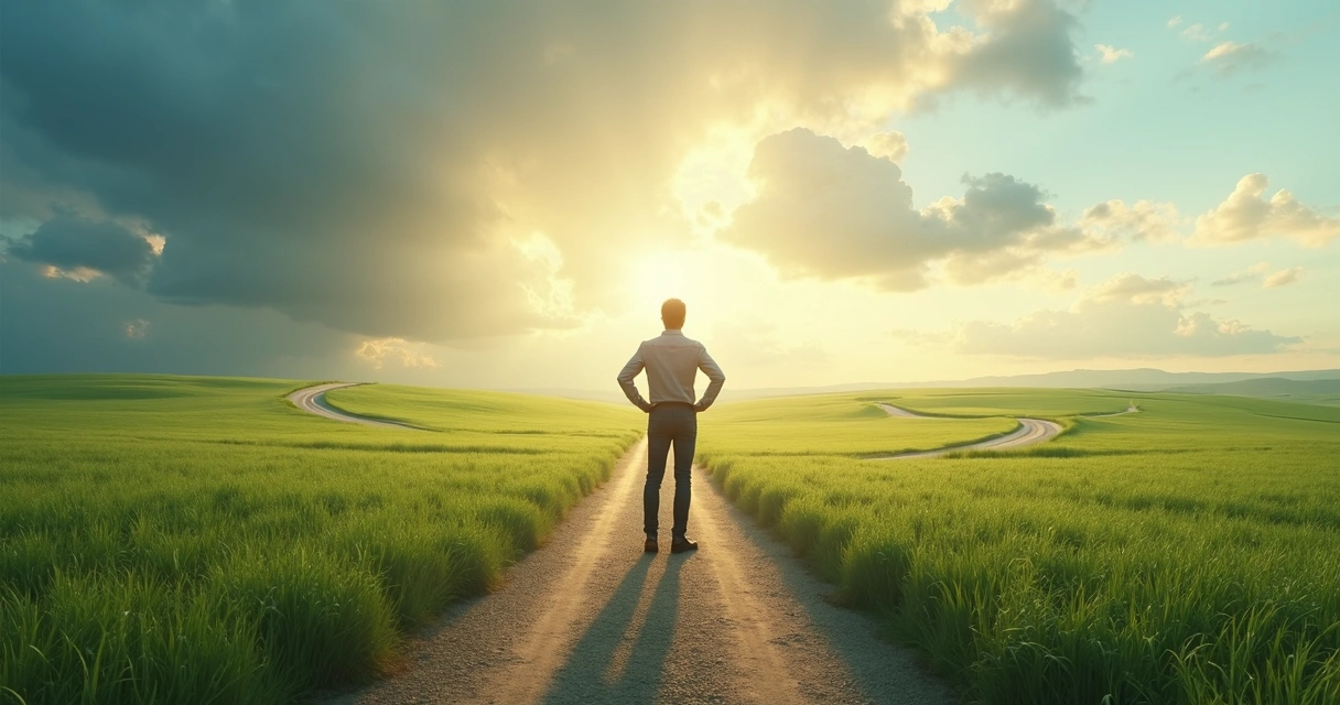 Pessoa olhando para vários caminhos à frente 