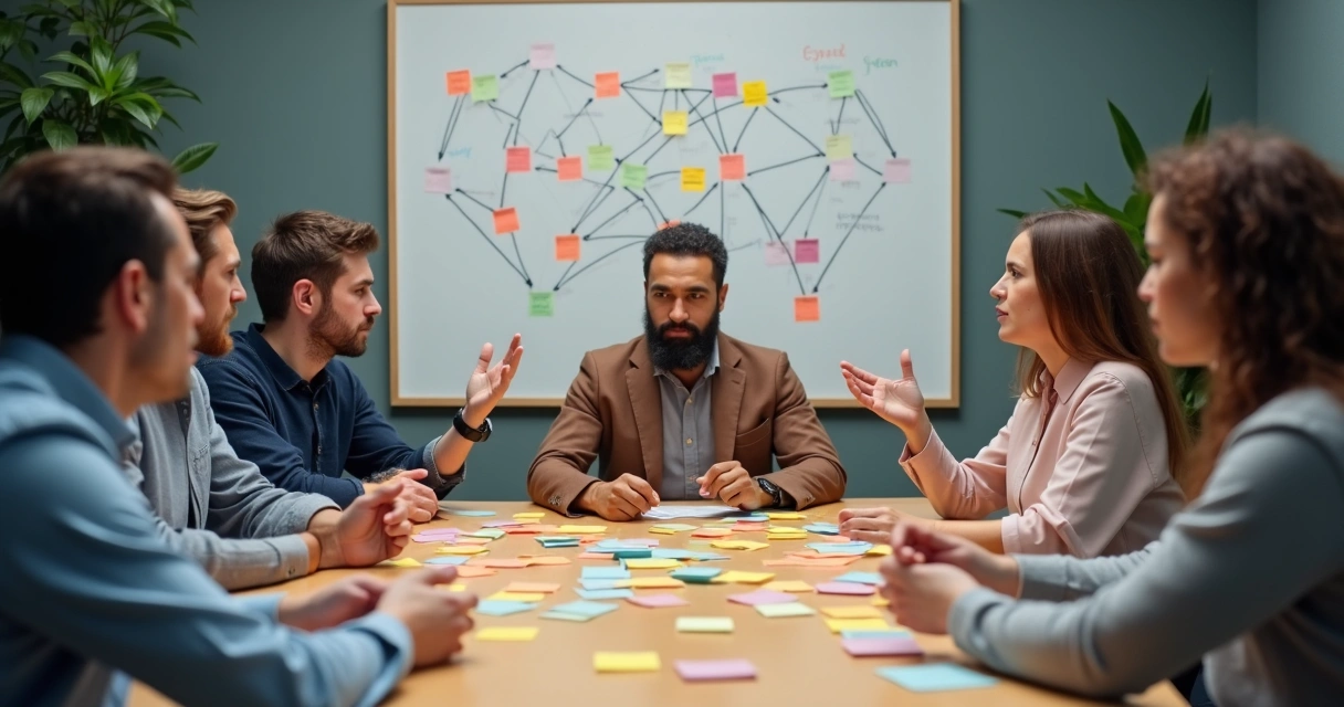 Grupo diverso debatendo ideias em torno de uma mesa redonda 