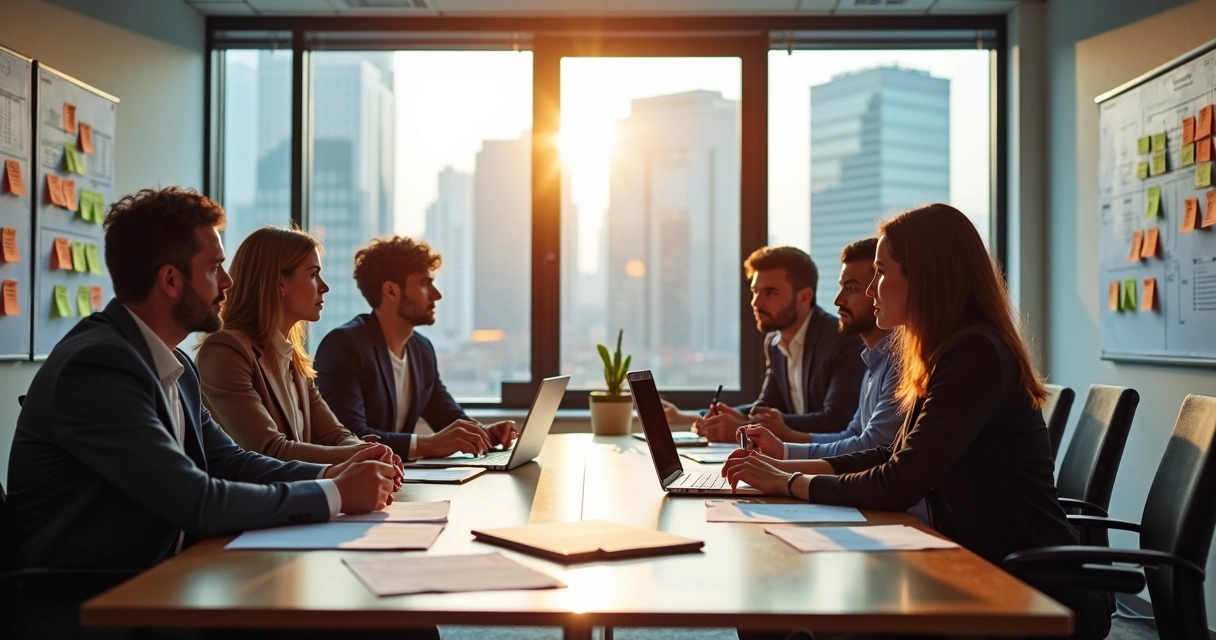 Reunião de projeto com equipe debatendo mudanças de escopo 
