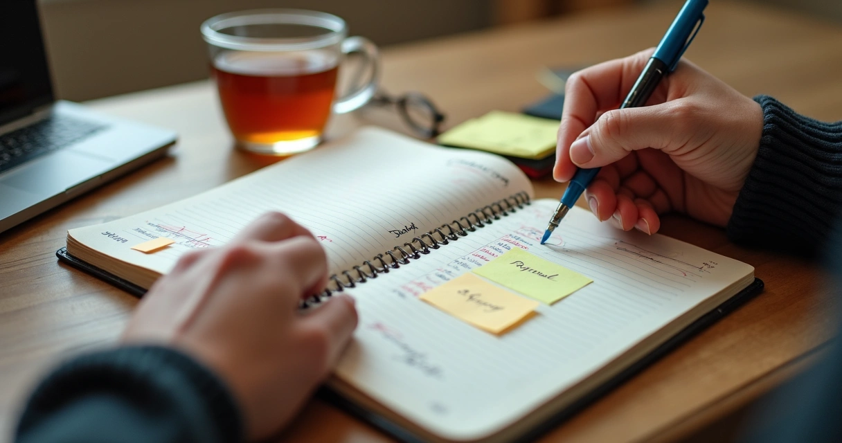 Pessoa marcando nova rotina em um caderno aberto